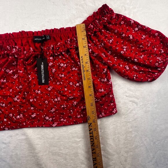 Pretty Little Thing Womens Off-shoulder Red Floral Ruffle Ruched Front Top Sz 20 - Picture 6 of 8